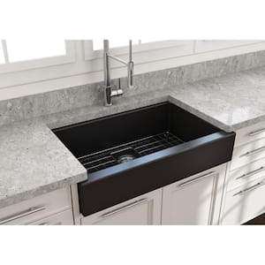 Nuova Pro 34 in. Short Apron Drop-In/Undermount Single Bowl Matte Black Fireclay Kitchen Sink with Grid in. Strainer