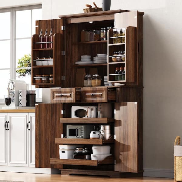 Freestanding Brown 71 in. Tall Kitchen Pantry Cabinet Storage Cabinet with Door Shelves and 2 Drawers