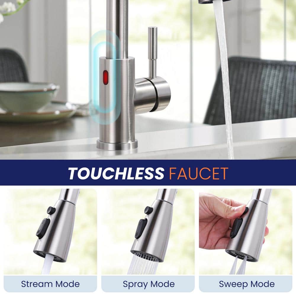 Brushed Nickel Touchless Pull-Down Kitchen Faucet with Spray