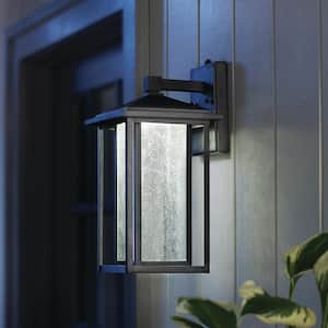 Mauvo Canyon 15.5 in. Black Dusk to Dawn LED Outdoor Wall Light Fixture with Seeded Glass