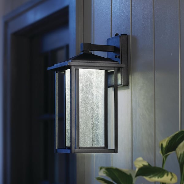 Mauvo Canyon 15.5 in. Black Dusk to Dawn LED Outdoor Wall Light Fixture Sconce with Seeded Glass