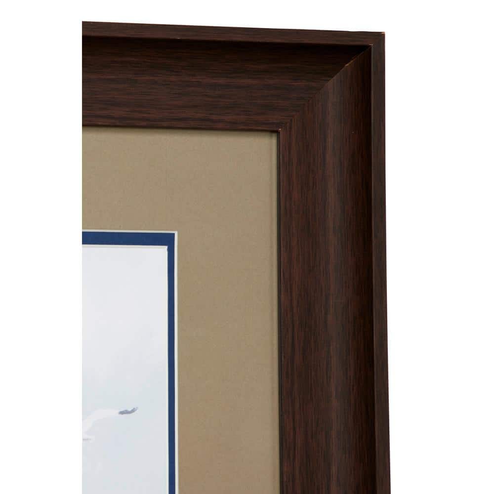 Blue Coastal Sailboat Painting Print in Dark Brown Wood Frame