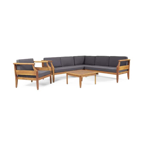 Noble House Sloane Teak 5-Piece Wood Outdoor Sectional Set with Dark Gray Cushions