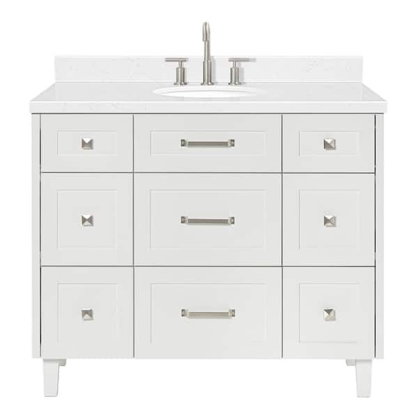 ARIEL Monroe 42 in. W x 22 in. D x 36 in. H Single Oval Sink Bath Vanity in White with Carrara White Quartz Top