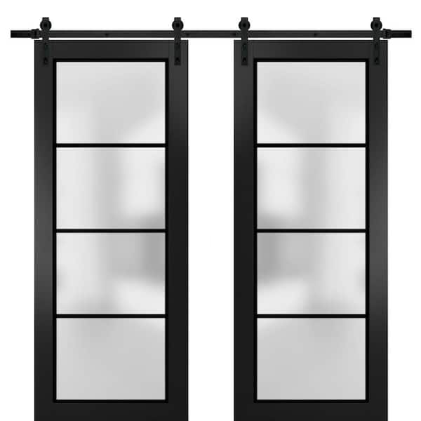 28 in. x 96 in. 2 Panel Frosted Glass Black Matte Solid Wood Sliding Barn Door with Hardware Kit