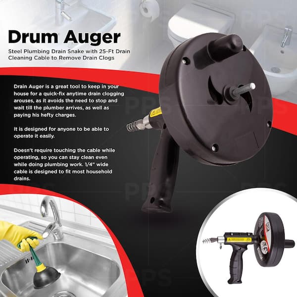 The Plumber's Choice 1/4 in. x 25 ft. Drill and Manual Drum Auger with Steel Plumbing Drain Snake Drain Cleaning Cable to Remove Drain Clogs, Black
