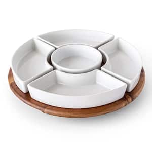 13.98 in. White Porcelain Round Serving Bowl Chip and Dip Lazy Susan (Number of pieces 6)