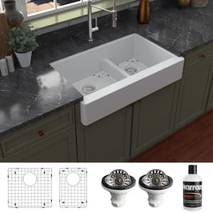 QAR-760 Quartz/Granite 34 in. Double Bowl 60/40 Retrofit Farmhouse/Apron Front Kitchen Sink in white w/Grid and Strainer