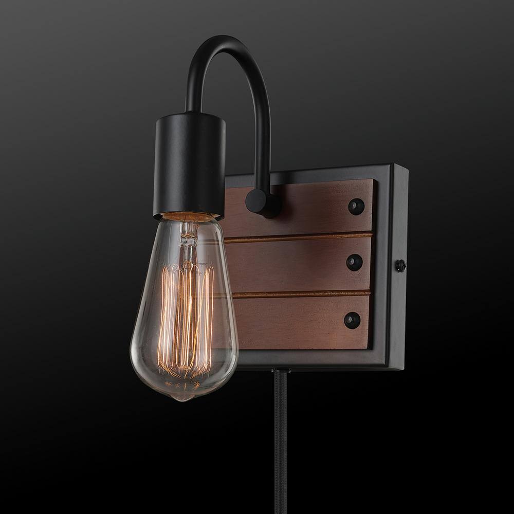 Matte Black Industrial Wall Sconce with Faux Wood Accent