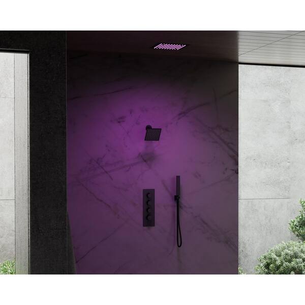 SWAINS Thermostatic 3-Spray Ceiling Mount Handheld Shower Head 2.5 GPM LED Chromotherapy Shower Faucet in Matte Black