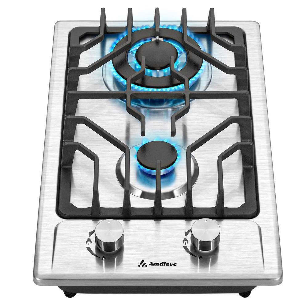  12 in. 2 Burners Recessed Gas Cooktop in Silver with Thermocouple Protection 13500 BTU, NG/LPG Dual Fuel Gas Stove Top