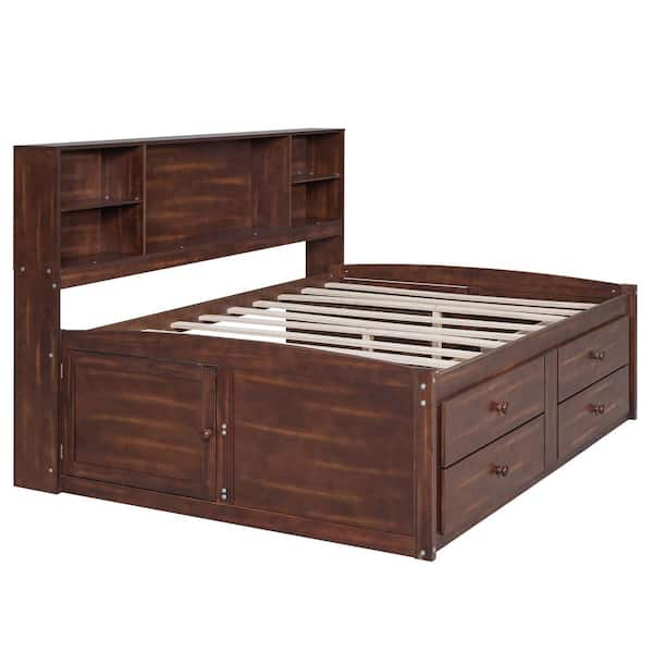 Antique Brown Wood Frame Full Size Platform Bed with Built-in Storage Shelves, 4 Drawers and 2 Cabinets