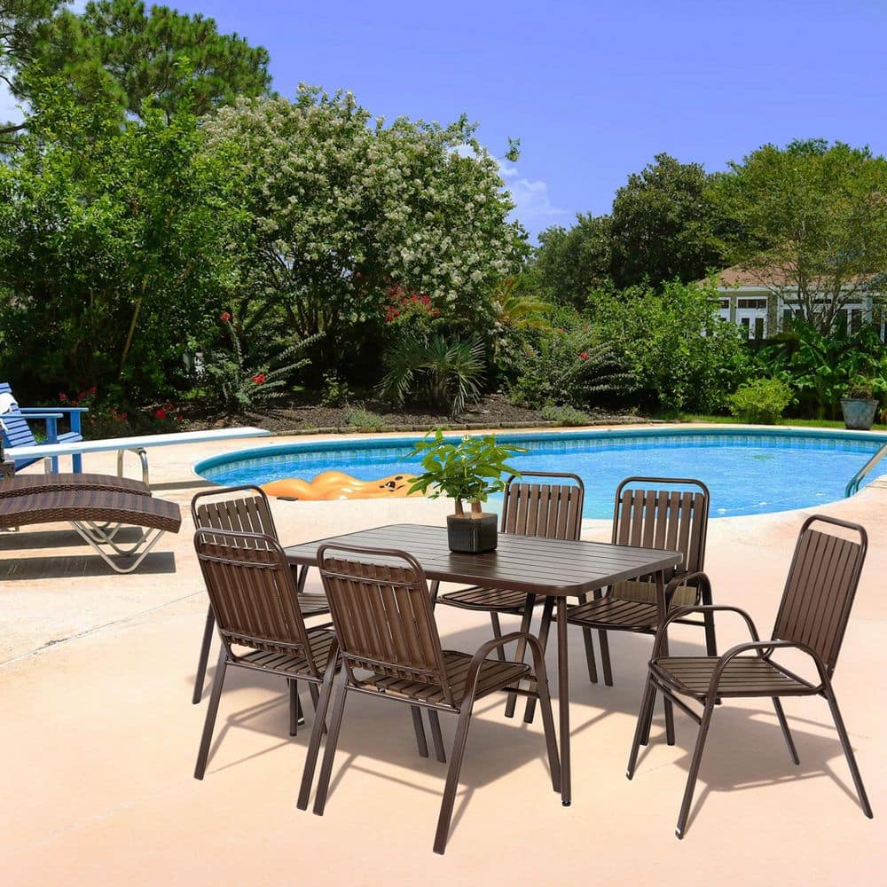 Brown 7-Piece Metal Outdoor Dining Set