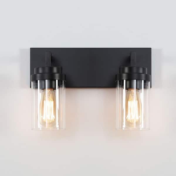 14 in. 2-Light Black Vanity Light with Clear Glass Shade