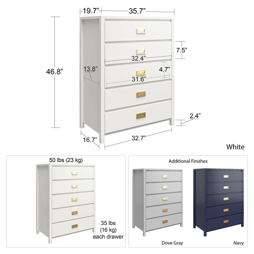 Hunter Green Vertical 5-Drawer Kids' Dresser with Gold Pulls