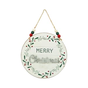 7.875 in. Merry Christmas Wood Wall Hanging Ornament with Wood Bead String Hanger
