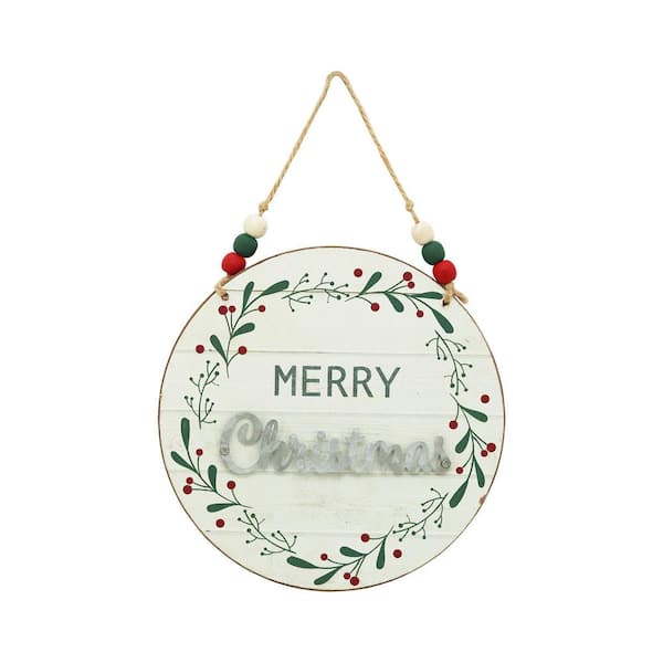 PARISLOFT 7.875 in. Merry Christmas Wood Wall Hanging Ornament with Wood Bead String Hanger