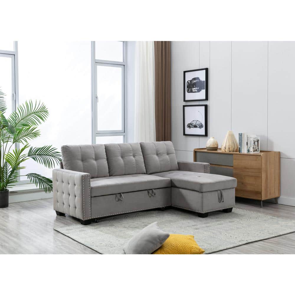 Ashlyn Light Gray Tufted Fabric Sectional with USB Ports and Storage