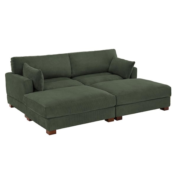 Uixe 88 in. Modern Square Arm Corduroy Fabric Upholstered Sectional Sofa in. Green With Two Ottomans And Wood Leg