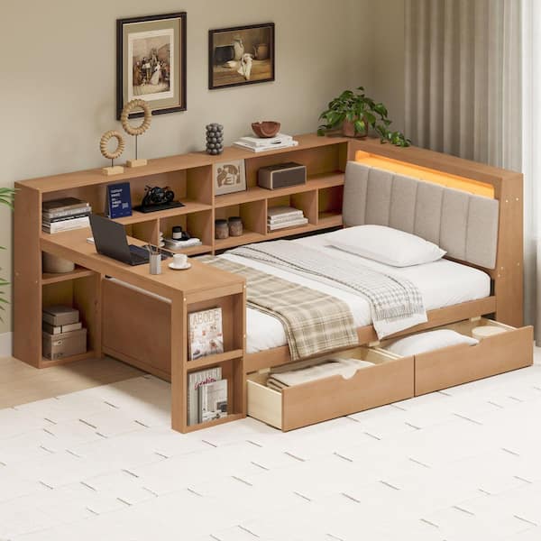 Multifunctional Seadrift Twin Daybed with Drawers, Desk and Storage Shelves, Linen Upholstered Headboard with RGB Lights