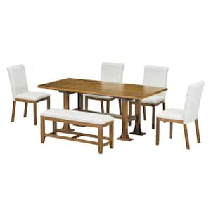 Dark Brown 6-Piece Wood Extendable Table Outdoor Dining Set with Cushions and Upholstered Dining Chair and Bench