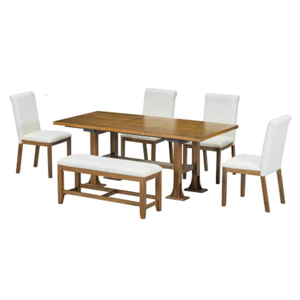 Unbranded Dark Brown 6-Piece Wood Extendable Table Outdoor Dining Set with Cushions and Upholstered Dining Chair and Bench