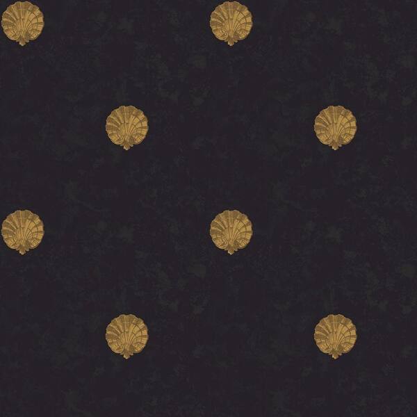 The Wallpaper Company 56 sq. ft. Black and Gold Medallion Shells Wallpaper