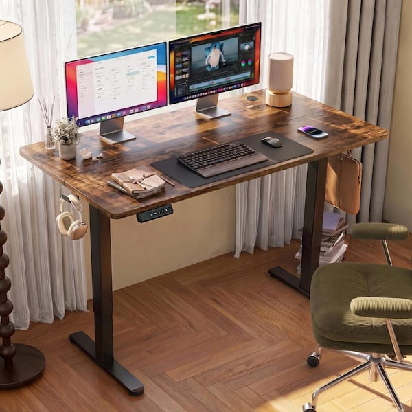 55 in. Rectangular Brown Wood Electric Standing Desk with Hooks and Wire Holes