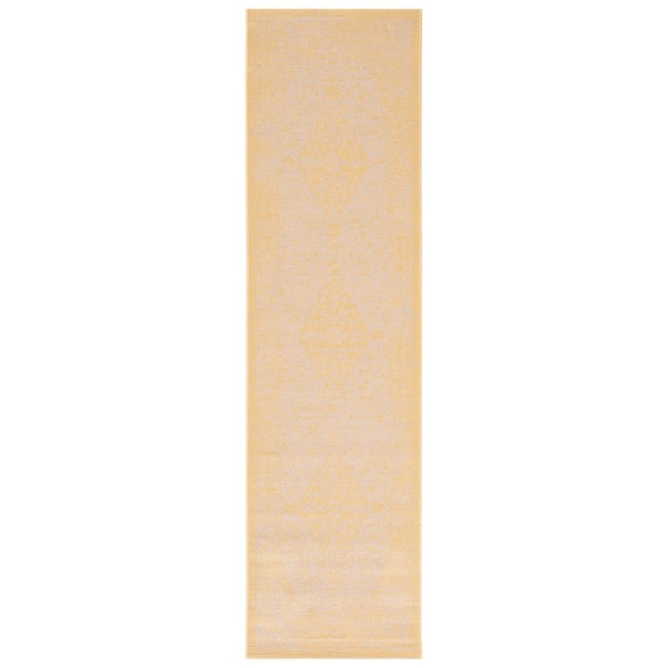 Courtyard Beige/Gold 2 ft. x 8 ft. Medallion Floral Border Indoor/Outdoor Runner Rug