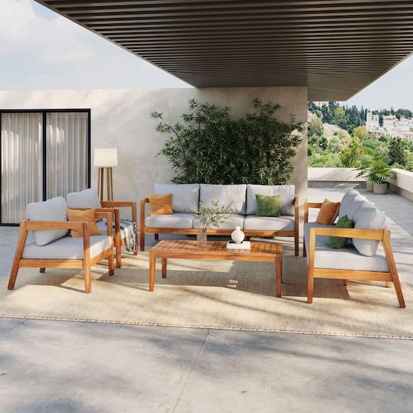 Aurora Outdoor Teak Finish 5-Piece Acacia Wood Patio Conversation Set with Light Grey Cushions and Rectangle Table