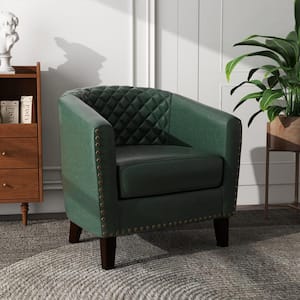 Modern Green Solid Wood Legs PU Leather Upholstered Accent Barrel Chair With Nailhead Trim