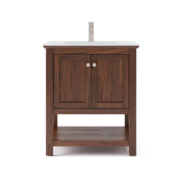 Fresca Manchester 30 in. Single Sink Shaker-Style Warm Walnut Bath Vanity with White Quartz Top and Integrated Sink