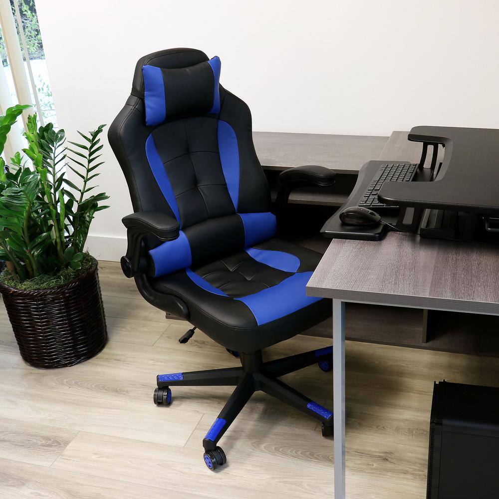 High Back Faux Leather Adjustable Height Office Chair in Blue and Black wit