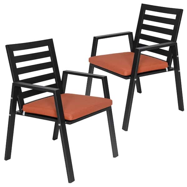 Leisuremod Chelsea Modern Outdoor Dining Chair Black Metal Frame Removable Cushions Set of 2 Orange