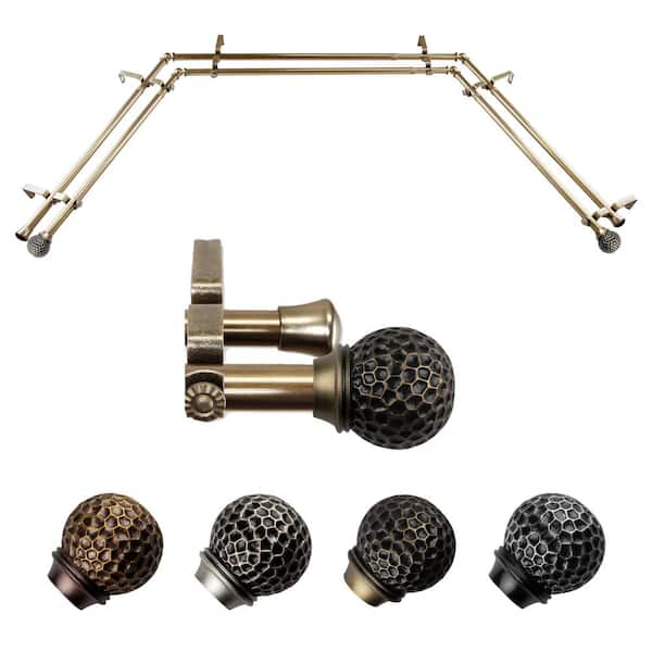 EMOH Ushasi 20-36 in. sides, 38-72 in. center Adjustable Bay Window Double Curtain Rod 13/16 in. in Antique Brass with Finial