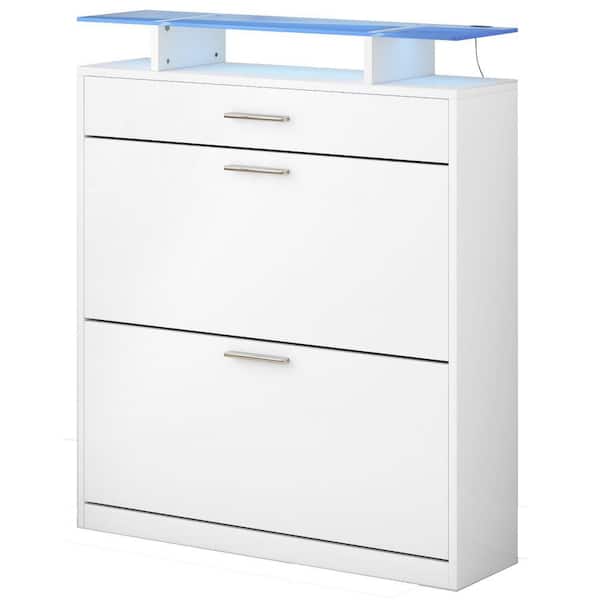 Amucolo 40.9 in. H x 35 in. W White Tempered Glass Top Shoe Storage Cabinet with Drawer and LED Light