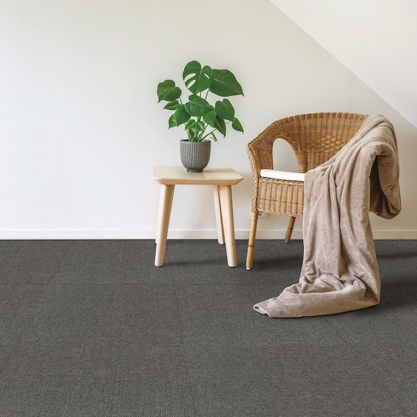 Abenake Grey Ribbed Residential 18 in. x 18 in. Peel and Stick Carpet Tile  (10-Tiles/Box) (22.5 sq. ft.)
