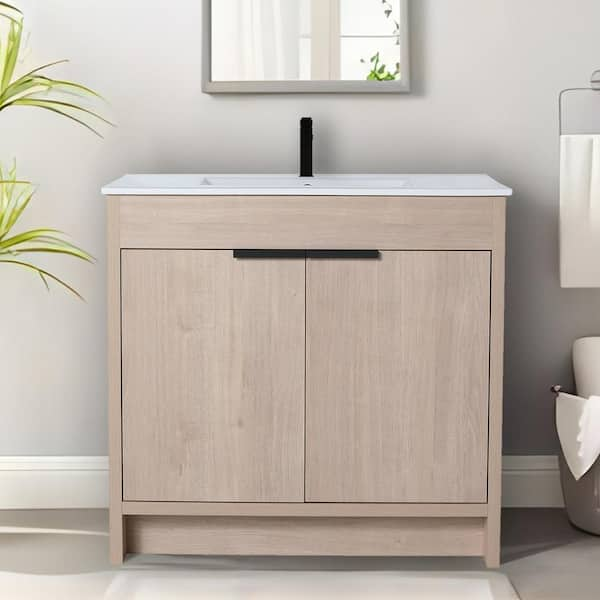 36 in. W x 18.3 in. D x 34.3 in . H Freestanding Bath Vanity Cabinet in Plain Light Oak with White Ceramic Top