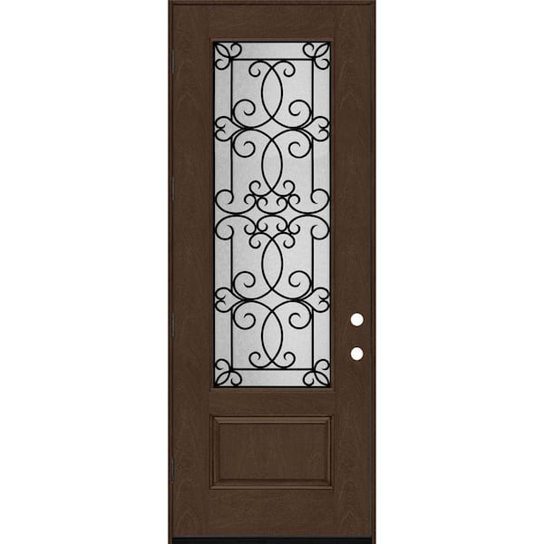 Steves & Sons Regency 36 in. x 96 in. 3/4Lite Georgian Decorative Glass RHOS Hickory Mahogany Fiberglass Prehung Front Door