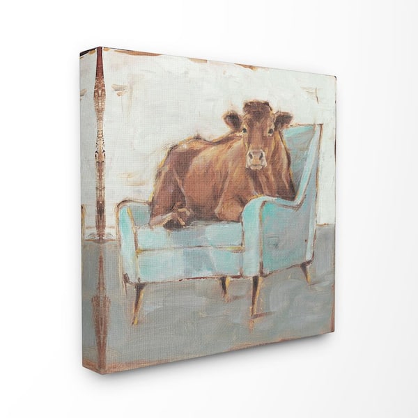 Stupell Industries 24 in. x 24 in. "Brown Bull on a Blue Couch Painting" by Ethan Harper Canvas Wall Art