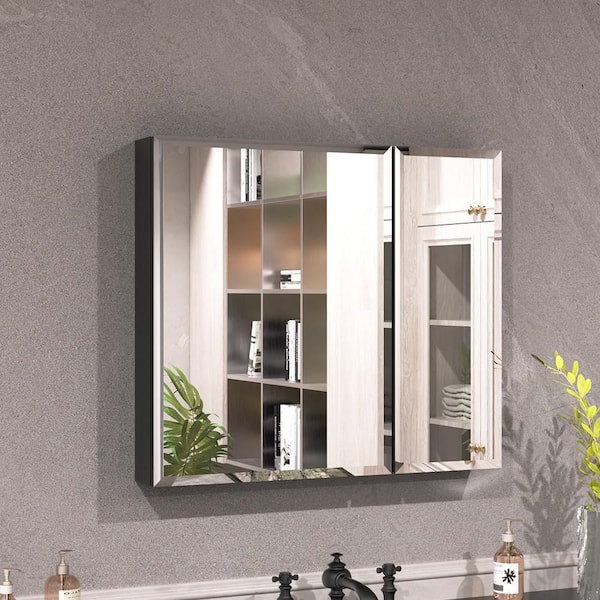 Keen 30 in. x 26 in. Framless Recessed or Surface-Mount Rectangular Aluminum Medicine Cabinet with Mirror in Matte Black