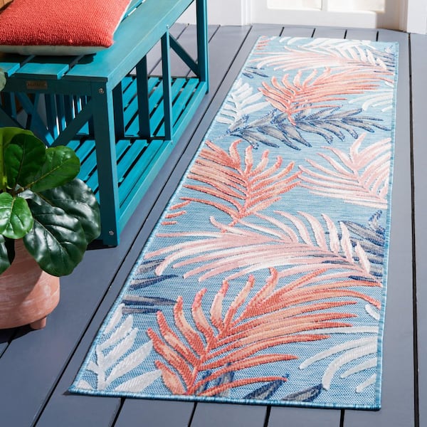 Cabana Blue/Rust 2 ft. x 9 ft. High-Low Abstract Leaf Indoor/Outdoor Runner Rug