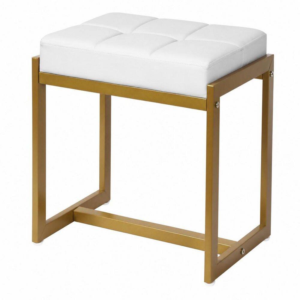 White Faux Leather Makeup Vanity Stool, Makeup Bench, Modern Gold Metal Legs Ottoman Foot Rest for Bedroom Living Room