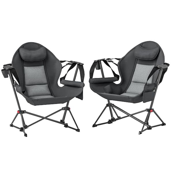 Hammock Camping Chair Set of 2, Adjustable Back Folding Rocking Chair with Cup Holder and Padded Seat, Gray