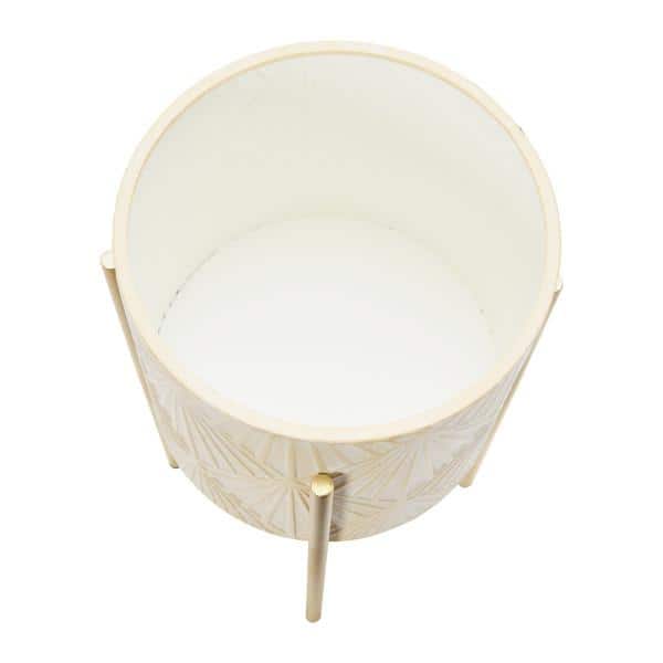 Cream and Gold Embossed Metal Planters with Stands, Set of 2