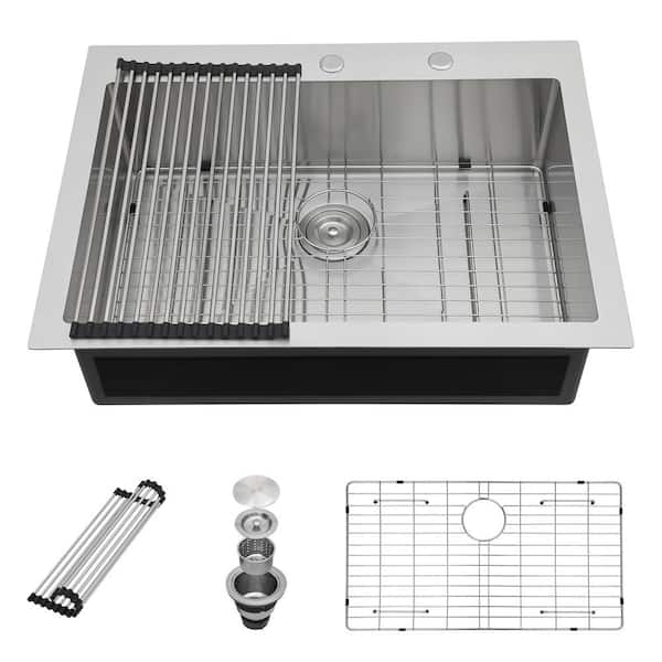 33 in. Drop-in/Topmount Single Bowl 16-Gauge Stainless Steel Round Corner Kitchen Sink with Bottom Grid