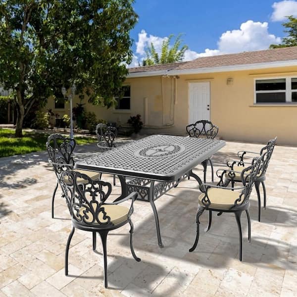 Willit Lily Black 7-Piece Cast Aluminum Outdoor Dining Set with Rectangle Table and Dining Chairs with Random Color Cushion