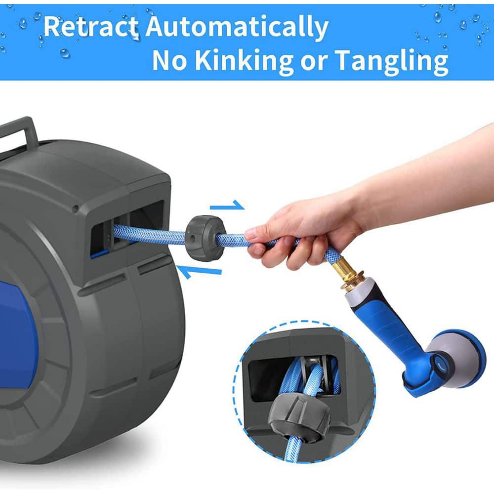 Gray and Blue Automatic Retractable Garden Hose Reel, 100 ft