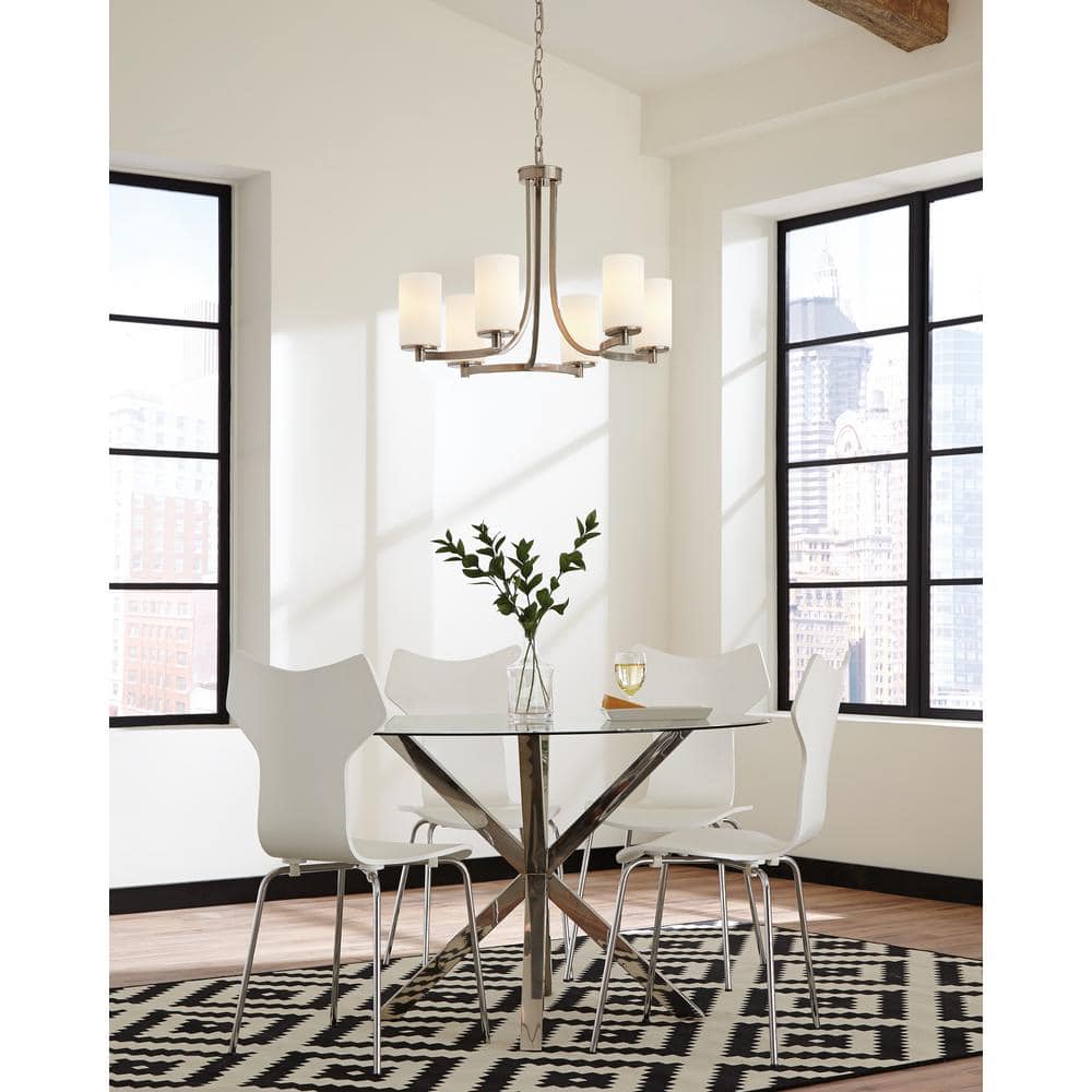 Brushed Nickel Six-Light Chandelier with Etched Glass Shades