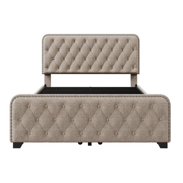Harper & Bright Designs Beige Metal Frame Full Size Button Tufted Nailhead Upholstered Platform Bed with 4 Large Drawers